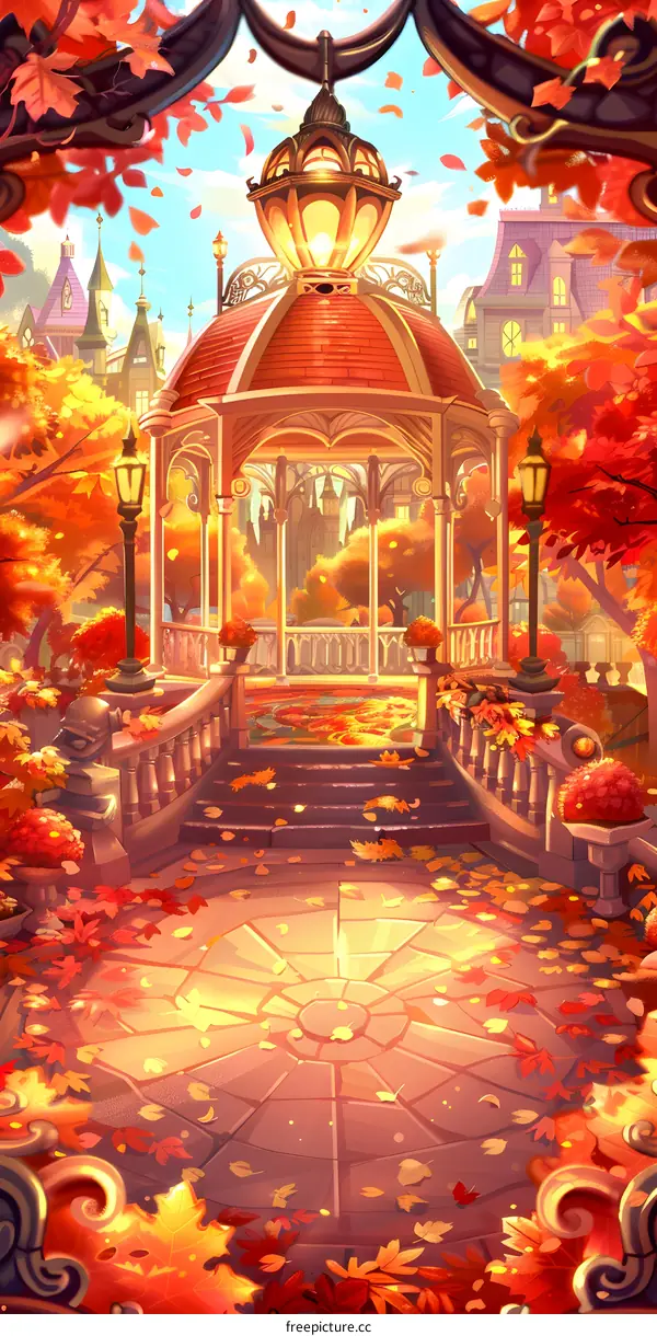 Autumn Scene with Gazebo and Fallen Leaves