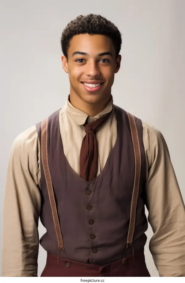 portrait of a young man wearing a brown vest and suspenders