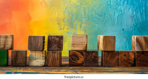 Geometric wooden blocks in various colors and sizes on a vibrant rainbow background