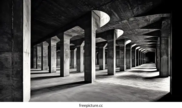 Abstract Architecture, Black and White, Concrete Columns, Shadows, Modern Building