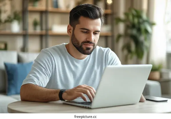 Man Working on Laptop at Home