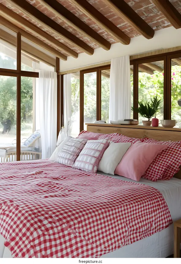 Red and White Gingham Bedding in a Rustic Bedroom