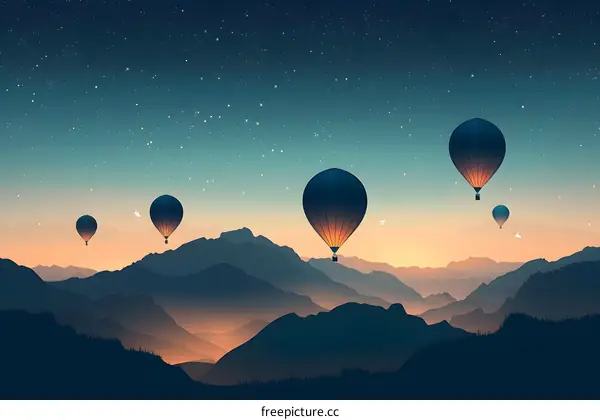 Hot Air Balloons Over Mountain Range At Sunset