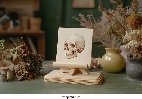 Wooden Skull Drawing on a Small Easel