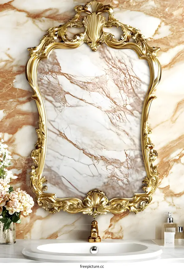 Ornate Gold Mirror Frame with Marble Background