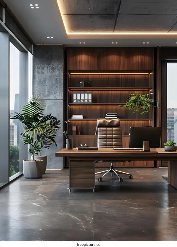 Modern office interior design with wooden furniture and large windows
