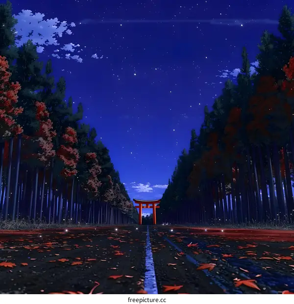 The red torii gate in the middle of the forest