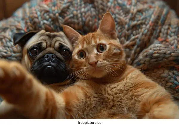 A Pug and an Orange Cat Taking a Selfie Together