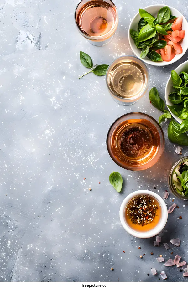 Fresh Basil Leaves and Wine Glasses on a Grey Surface