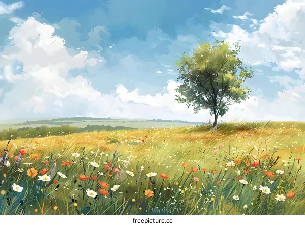 Lonely Tree in a Field of Flowers