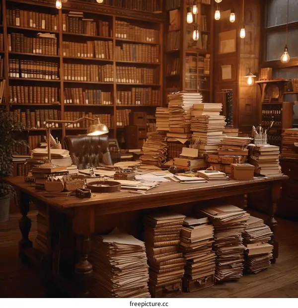 A large wooden desk in a library is covered in books and papers.