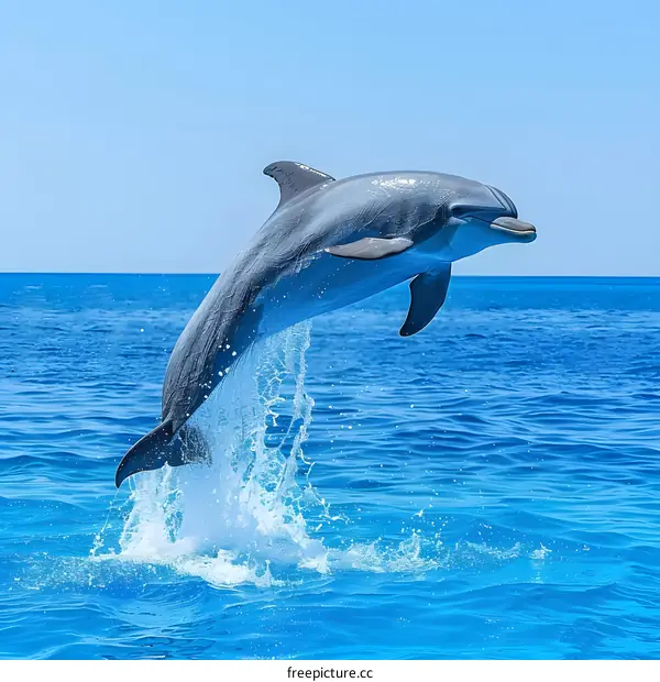 A bottlenose dolphin jumps out of the water.