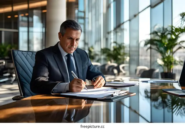 Businessman Working at Office Desk with Documents