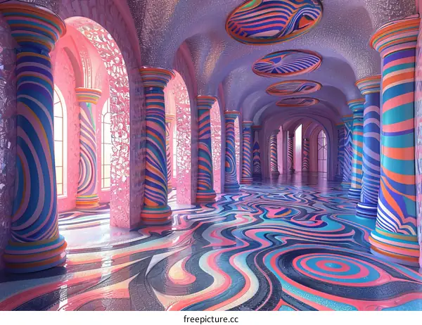 Psychedelic Hallway with Rippling Floor and Colorful Columns