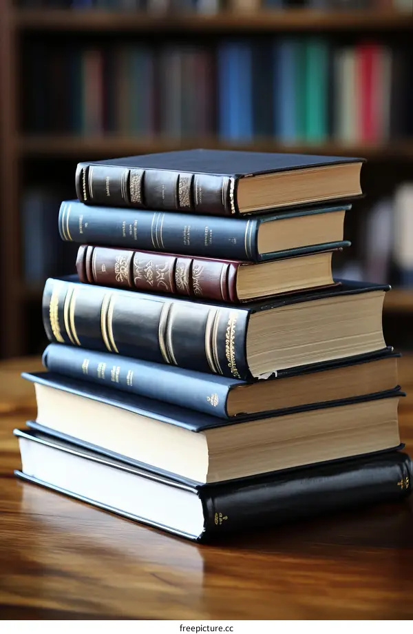 Stack of vintage hardcover books on a wooden table in the library