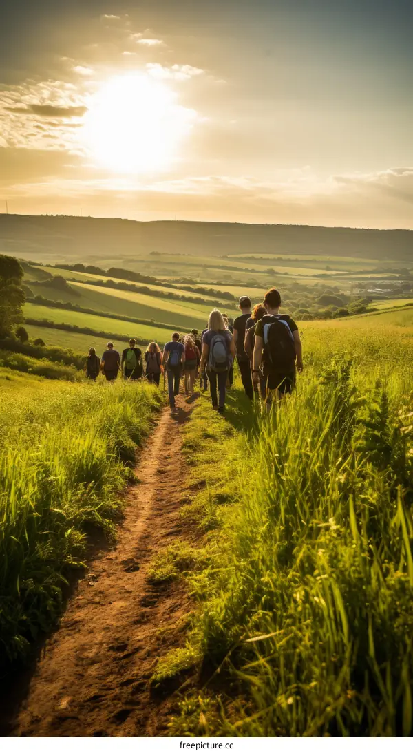 People walking on a rural path at sunset