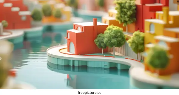 Colorful Miniature Model of a Cityscape with Houses and Trees
