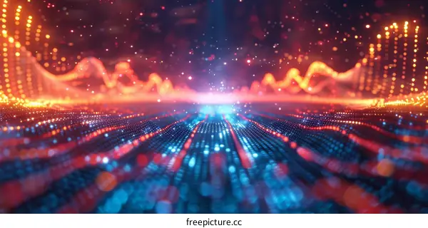 Abstract Glowing Red and Blue Digital Particles Wave Background