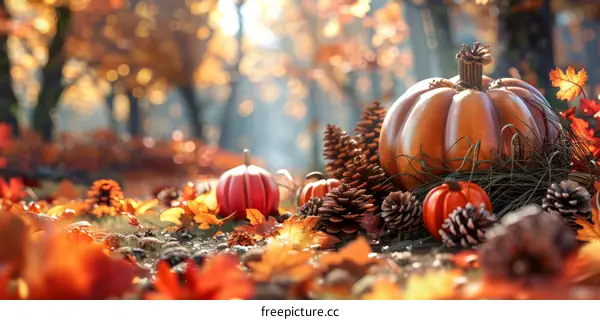 Fall Harvest with Pumpkins and Pinecones