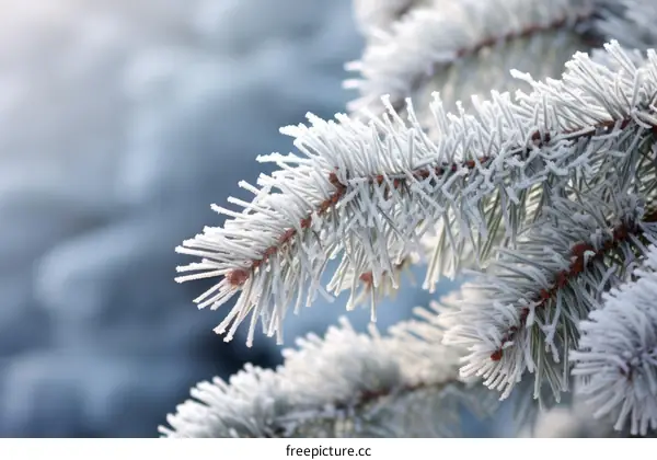Close-up of a snow-covered fir tree branch against a blurred background