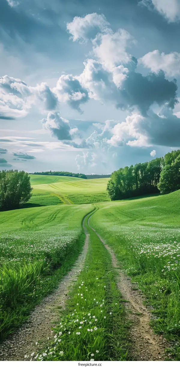 Country Road Through a Lush Green Field