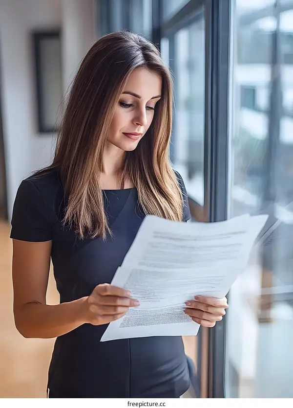 Business Woman Reading Documents Near Window