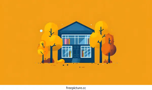 Flat Design Illustration of a Blue House with Trees in the Fall