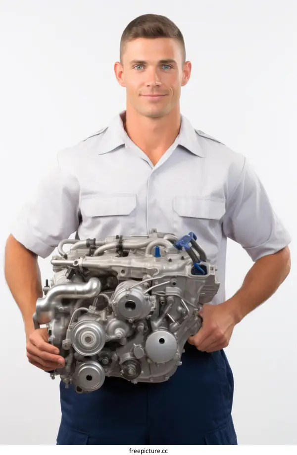 portrait of a mechanic holding an engine