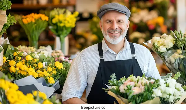 Smiling Florist with Colorful Bouquet