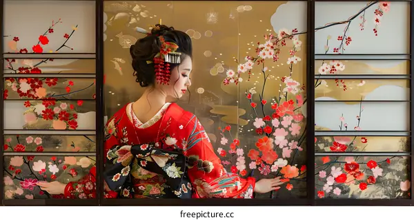 A Japanese woman wearing a kimono stands in front of a traditional Japanese screen.