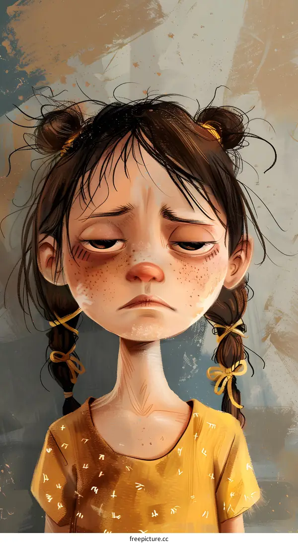 Portrait of a girl with messy hair and a tired expression on her face