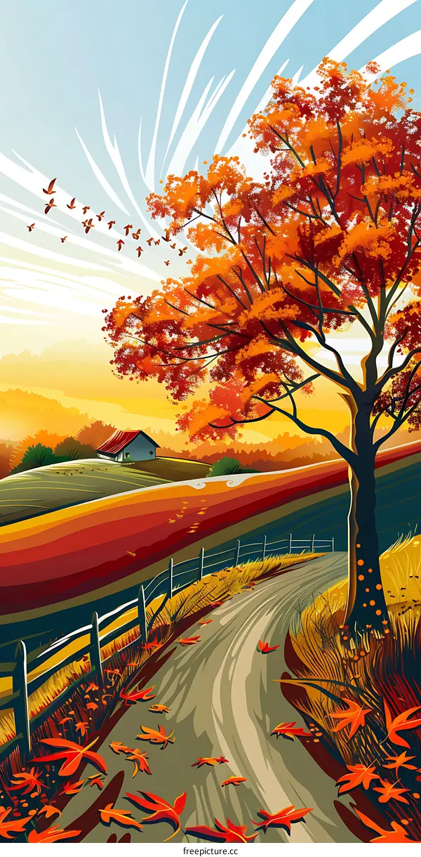 Autumn Landscape with Tree and Road
