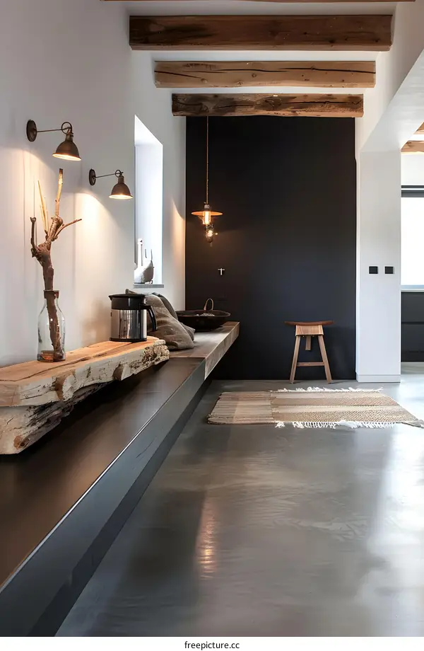 Modern Minimalist Interior Design with Rustic Wood Beams and Concrete Floor