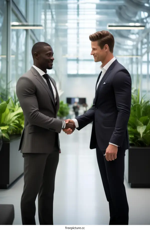 Two businessmen in suits shaking hands in an office building