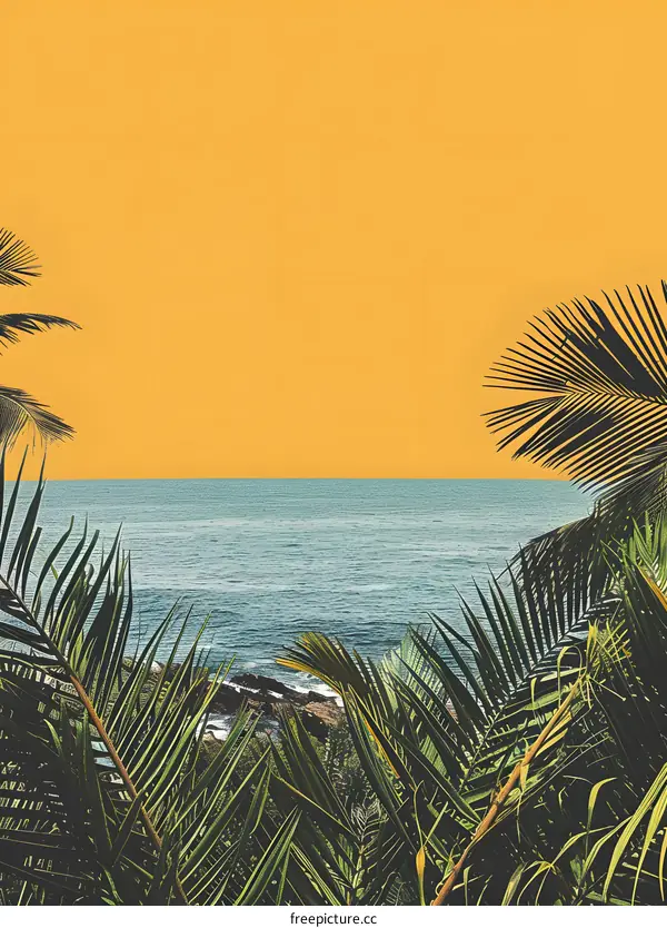 Tropical Sea View Through Palm Leaves