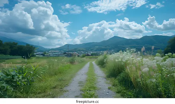A country road in Japan with a beautiful view of the mountains and a blue sky
