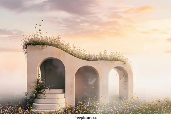 Stone Archway With Flowers And Sky