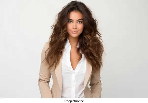 Portrait of a beautiful young woman with long brown hair wearing a white shirt and brown blazer