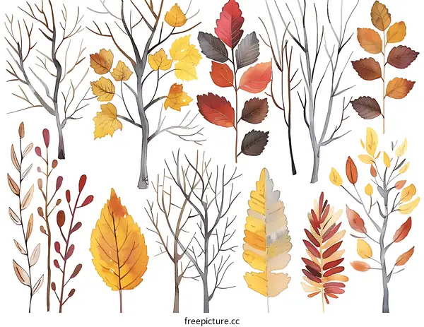 Collection of Watercolor Autumn Leaves and Branches