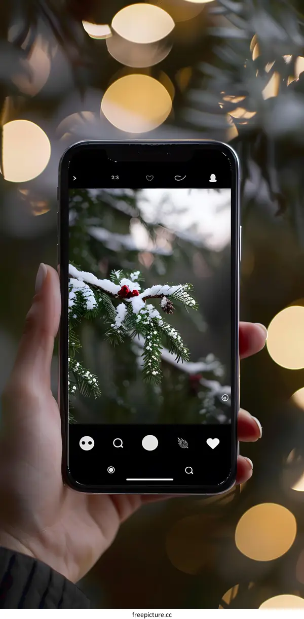 Close up of a Snow Covered Pine Branch on a Phone Screen