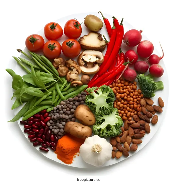 Healthy Food Plate with Vegetables, Spices, and Nuts