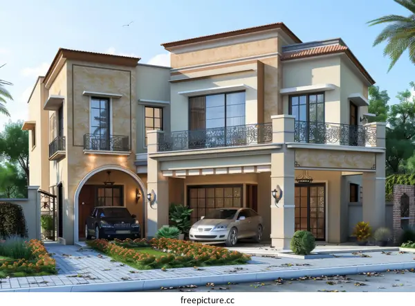 A beautiful house with a balcony and a garage.