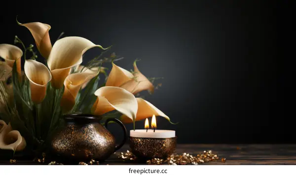 Still life with calla lilies and a candle