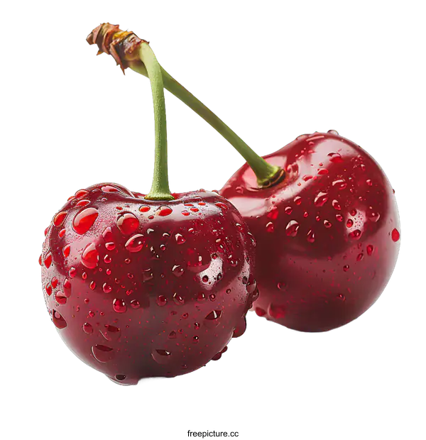[Transparent Background PNG]Two Fresh Cherries with Water Droplets