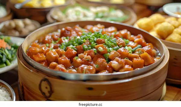 A delicious dish of diced chicken with scallions.