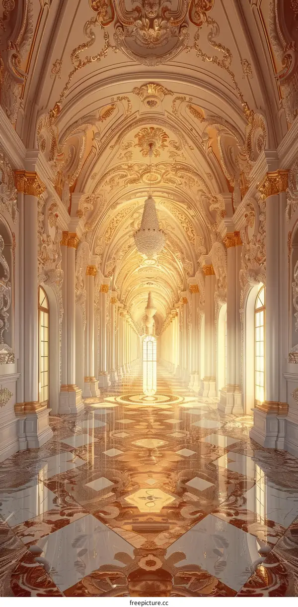 Grand Marble Hallway with Statues and Pillars
