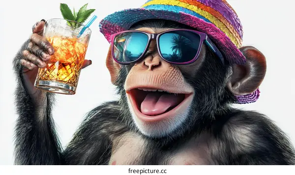Chimpanzee Enjoying Cocktail in Summer Style