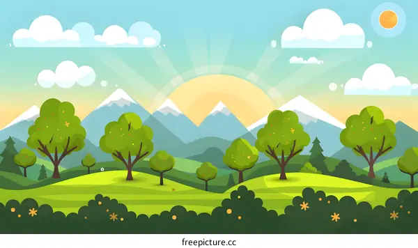 Green Meadow Landscape with Mountains and Sun