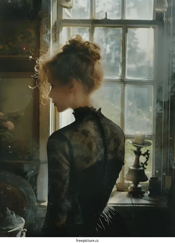 portrait of a girl in a black dress standing in front of a window