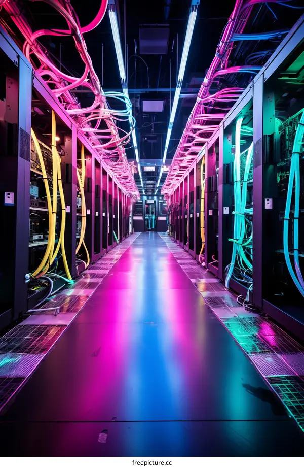 Colorful Cables and Lights Illuminate a Server Room